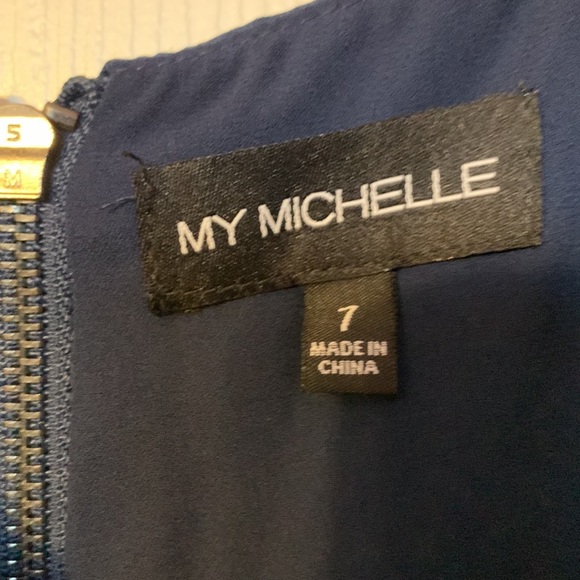 My Michelle navy sleeveless dress with embroidered design on top front size 7 - Picture 5 of 7